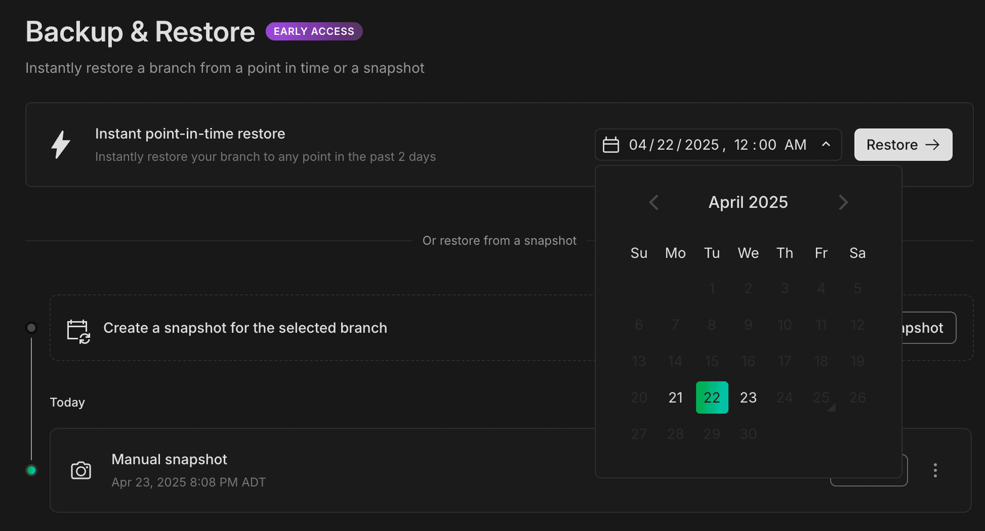 Backup and restore select a restore time