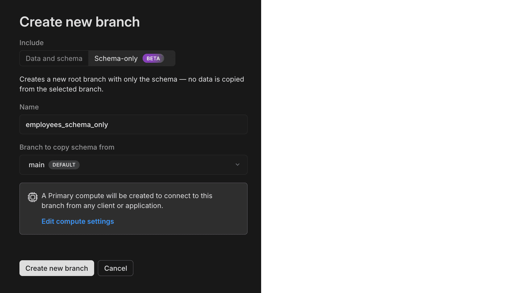 schema-only branch creation