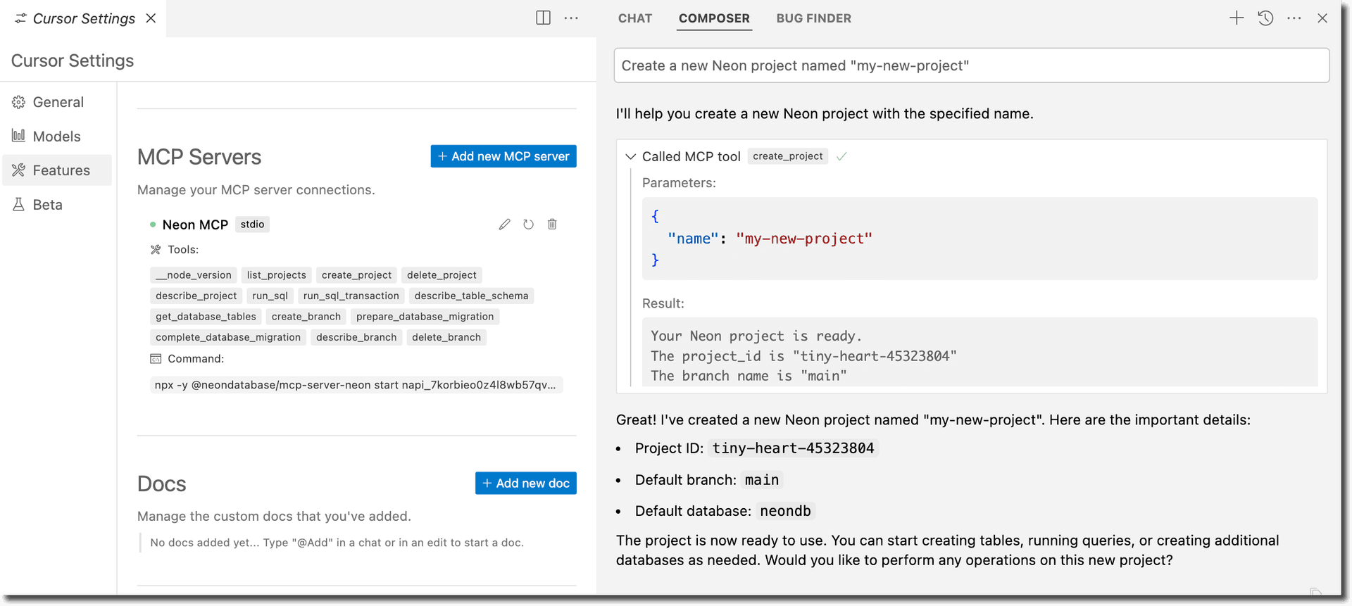 Neon MCP server on cursor