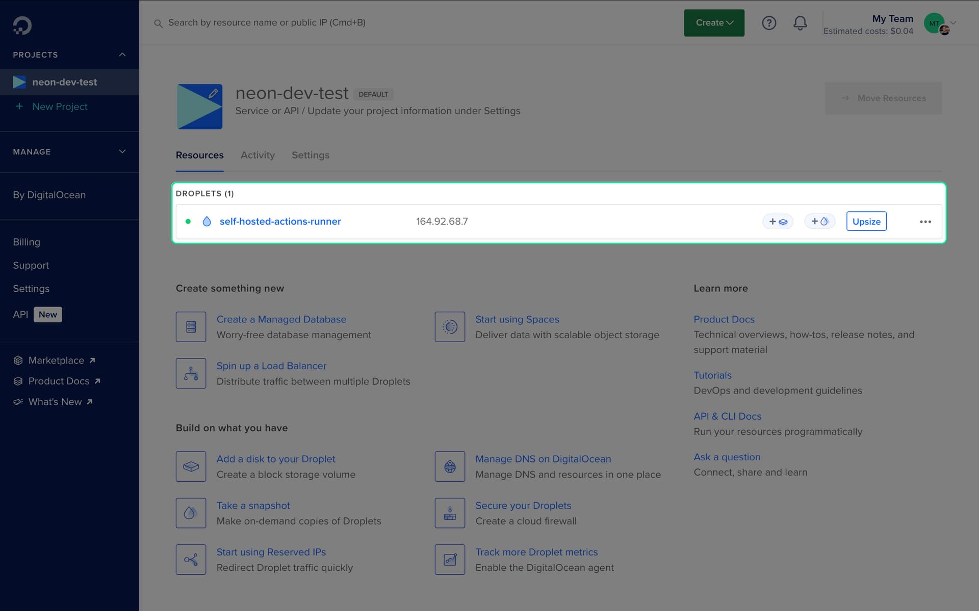 Screenshot of Digital Ocean Droplet Config- Droplet IP